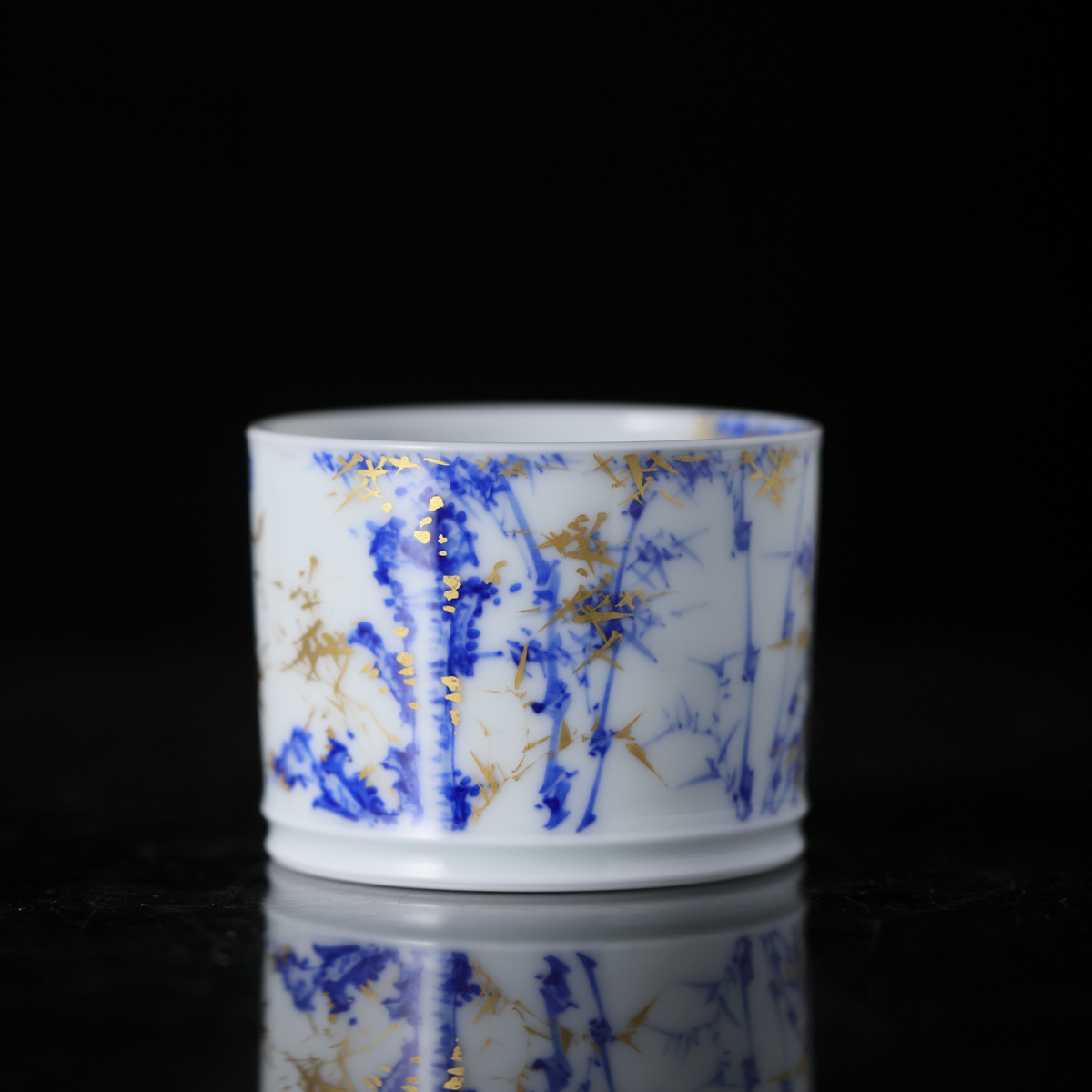 小桥-青花描金竹石图直口杯-手工陶瓷有差异