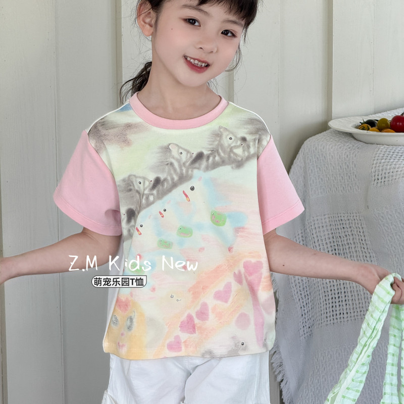 【萌宠乐园】2025夏儿童圆领半袖涂鸦撞色短袖女童T恤N-65111