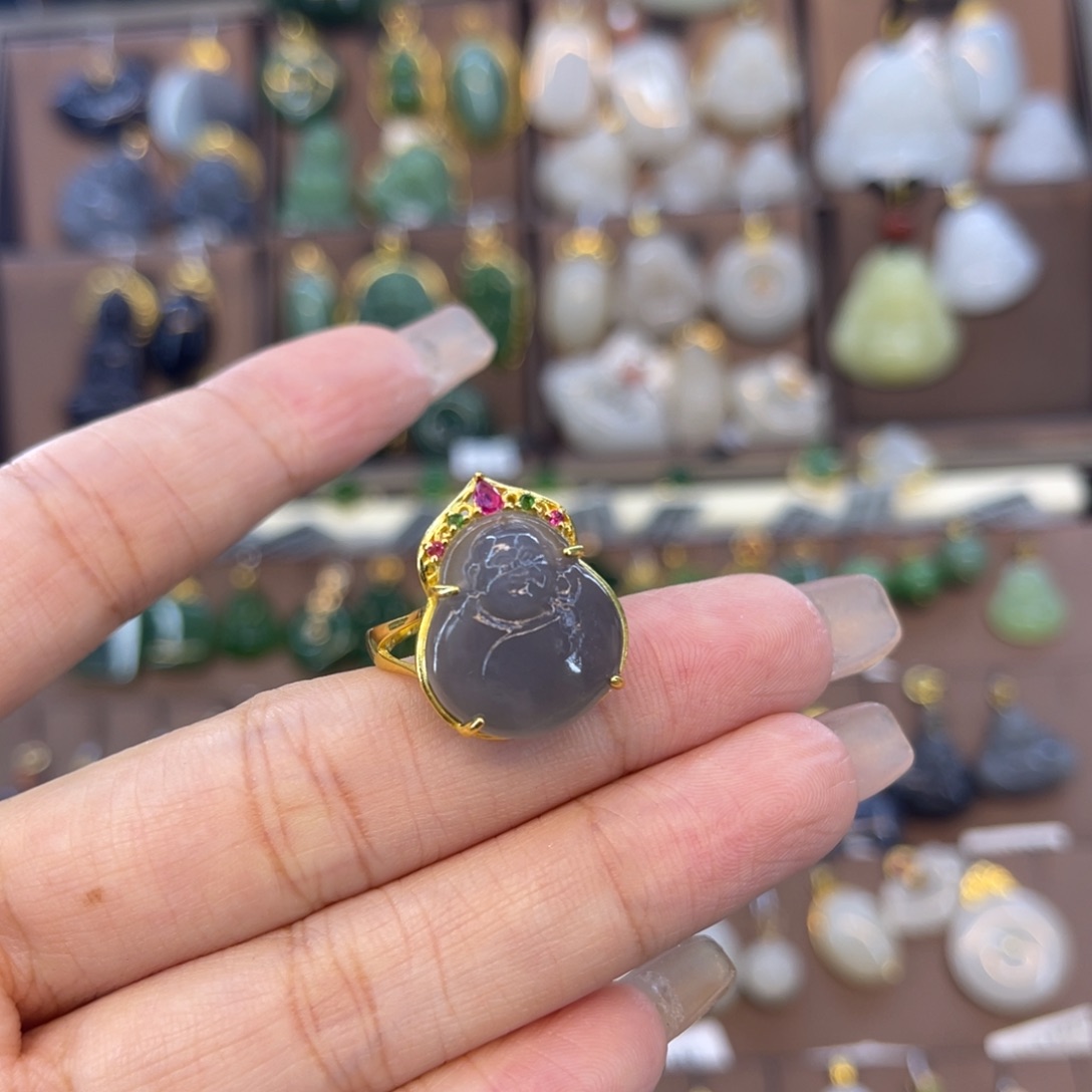 和田玉戒指银S925镀金镶嵌