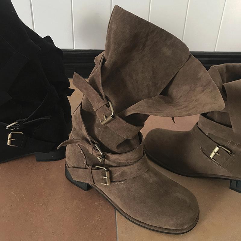 牛皮版~真皮废土风中筒皮带扣西部靴女粗跟真皮磨砂超软骑士靴女