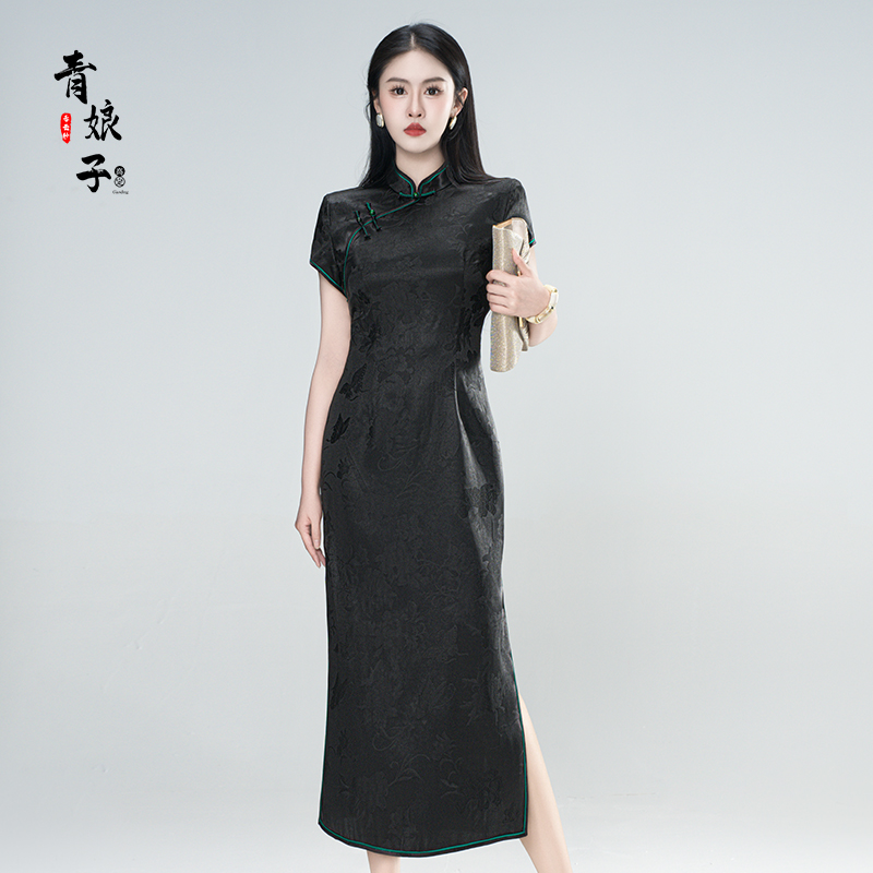 青娘子-香云纱（寒山远黛）提花重缎国风新中式旗袍连衣裙-61006