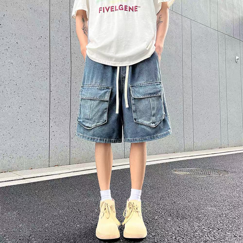 春夏新款宽松直筒港风牛仔短中裤男基础款百搭多色松紧水洗中裤