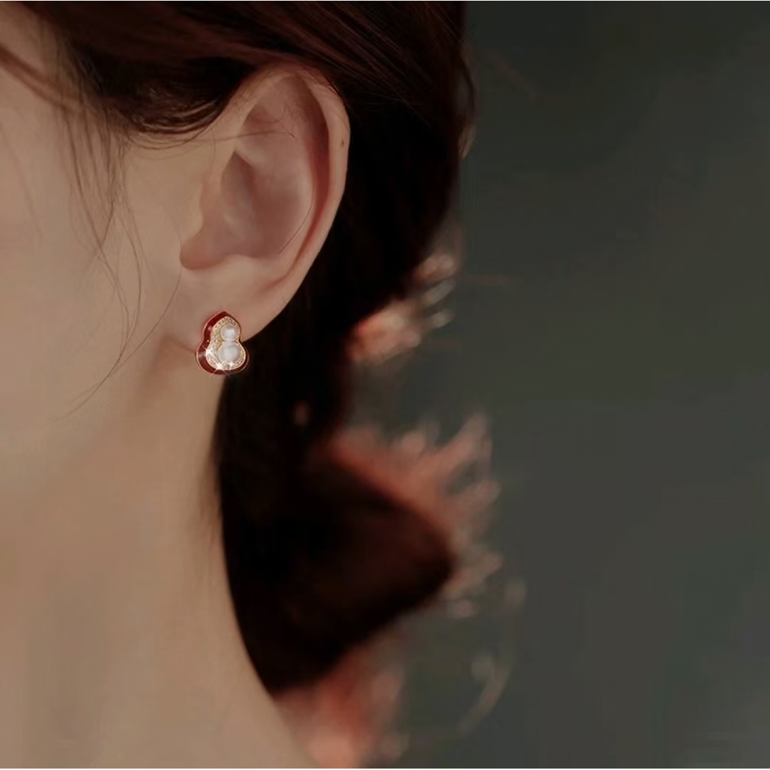 铜合金耳饰 红色气质简约耳饰镶钻几何甜美设计感耳钉女N3583