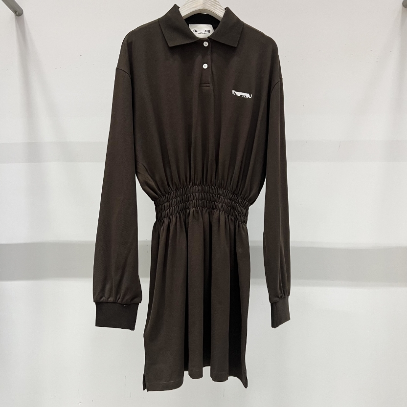 LL 25夏季松紧腰长袖Polo领咖色连衣裙 261839