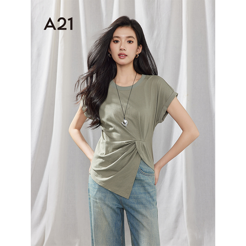A21女装针织休闲上衣圆领落肩短袖T恤F451231018
