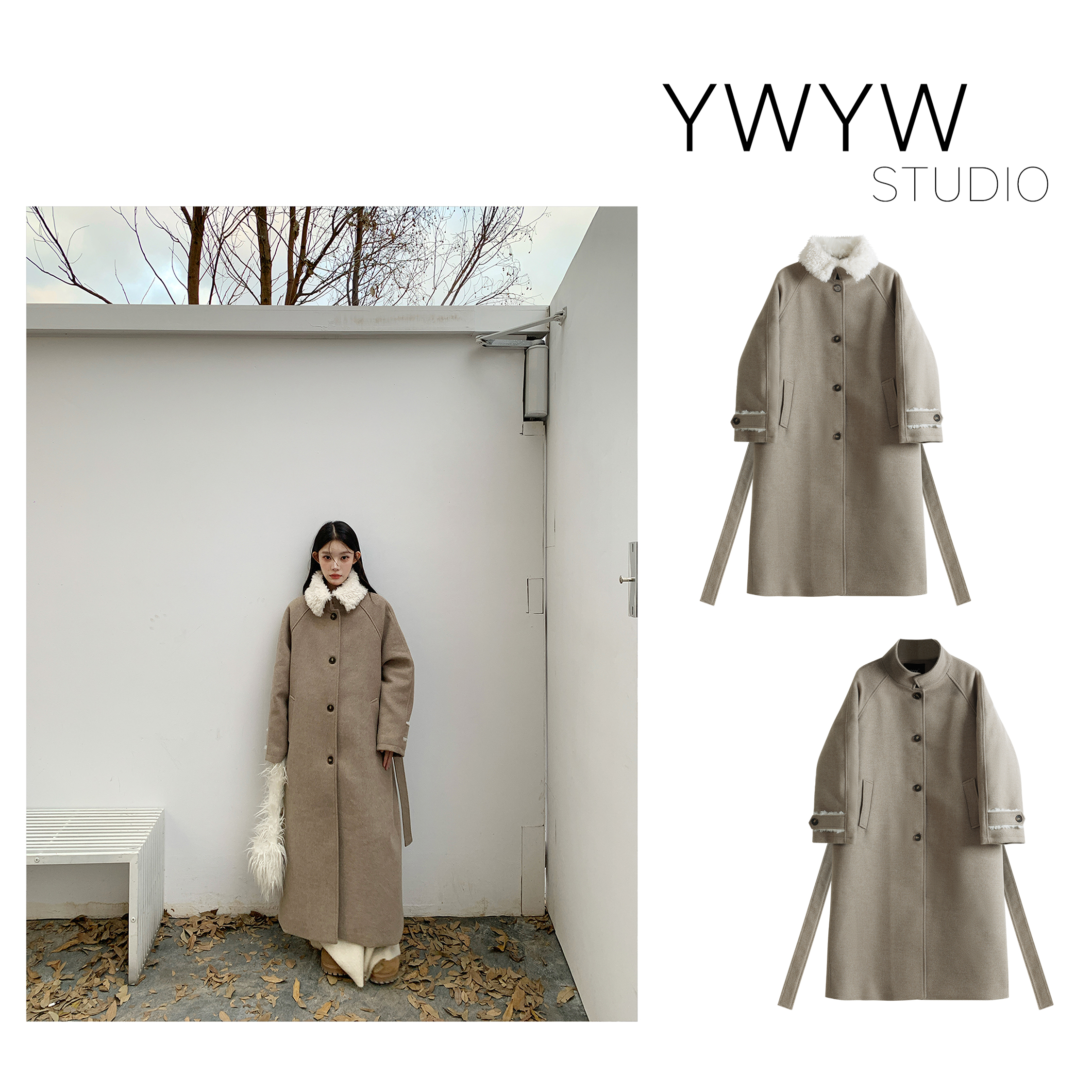 【YWYW25F/W】秋冬夹棉保暖拆卸翻毛领毛呢大衣5801