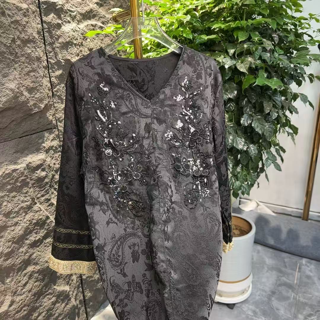 国风重工V领亮片刺绣时尚打底衫减龄复古遮肉百搭长袖打底