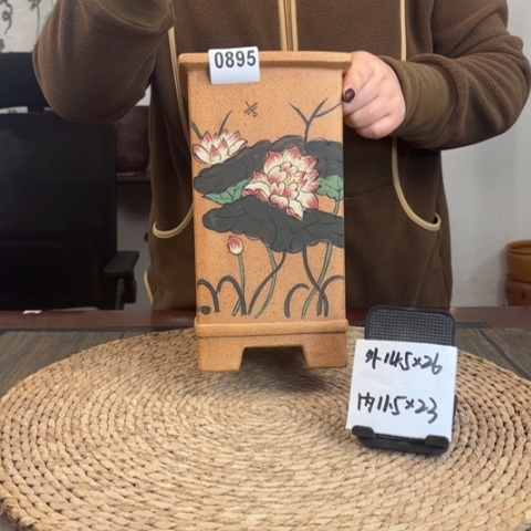 紫砂花盆柴烧孤品手绘荷花签筒0895