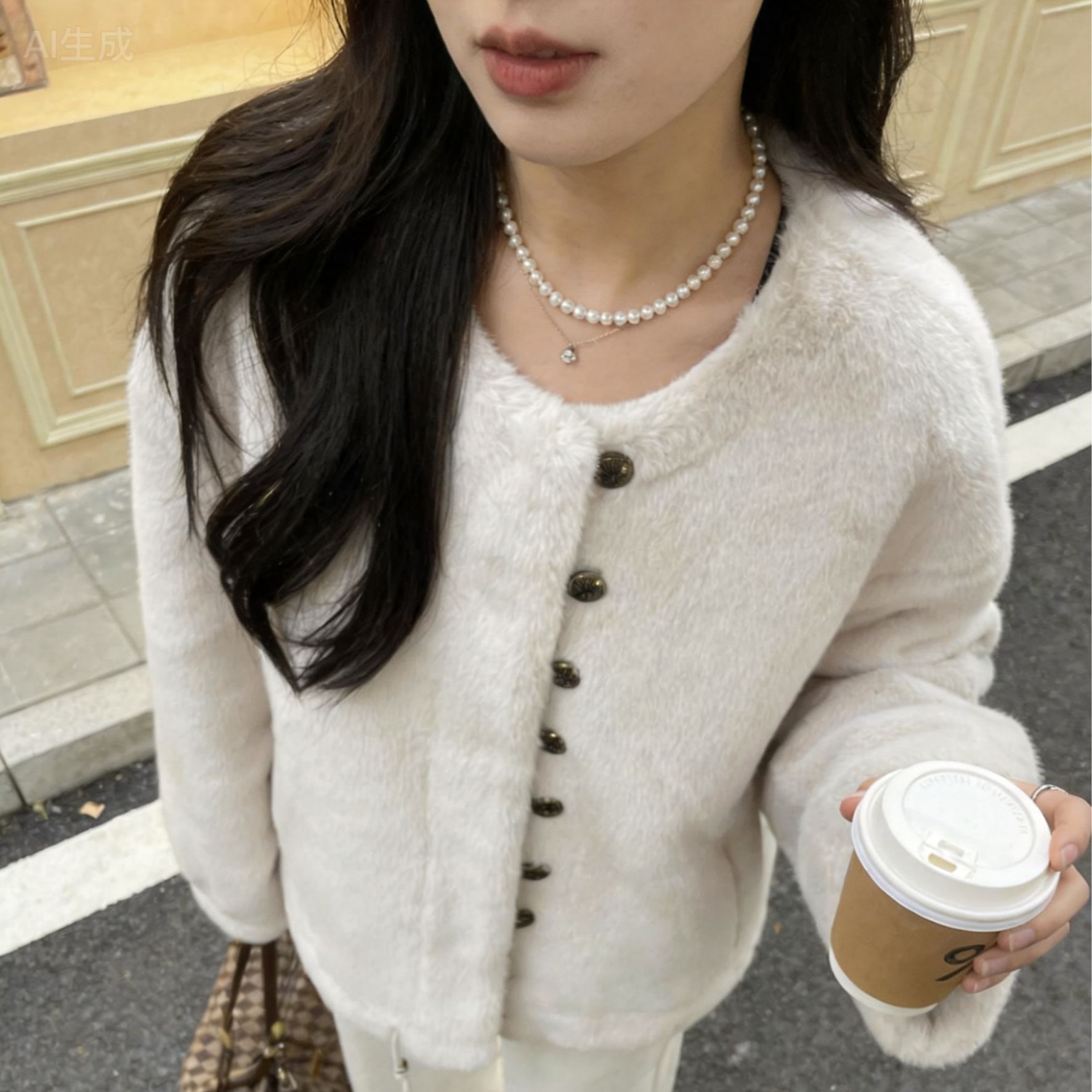 【可可专属】百搭风翻领米色宽松型长袖短外套百搭