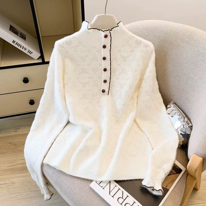针织毛针织衫米白秋冬针织衫宽松上衣套头气质