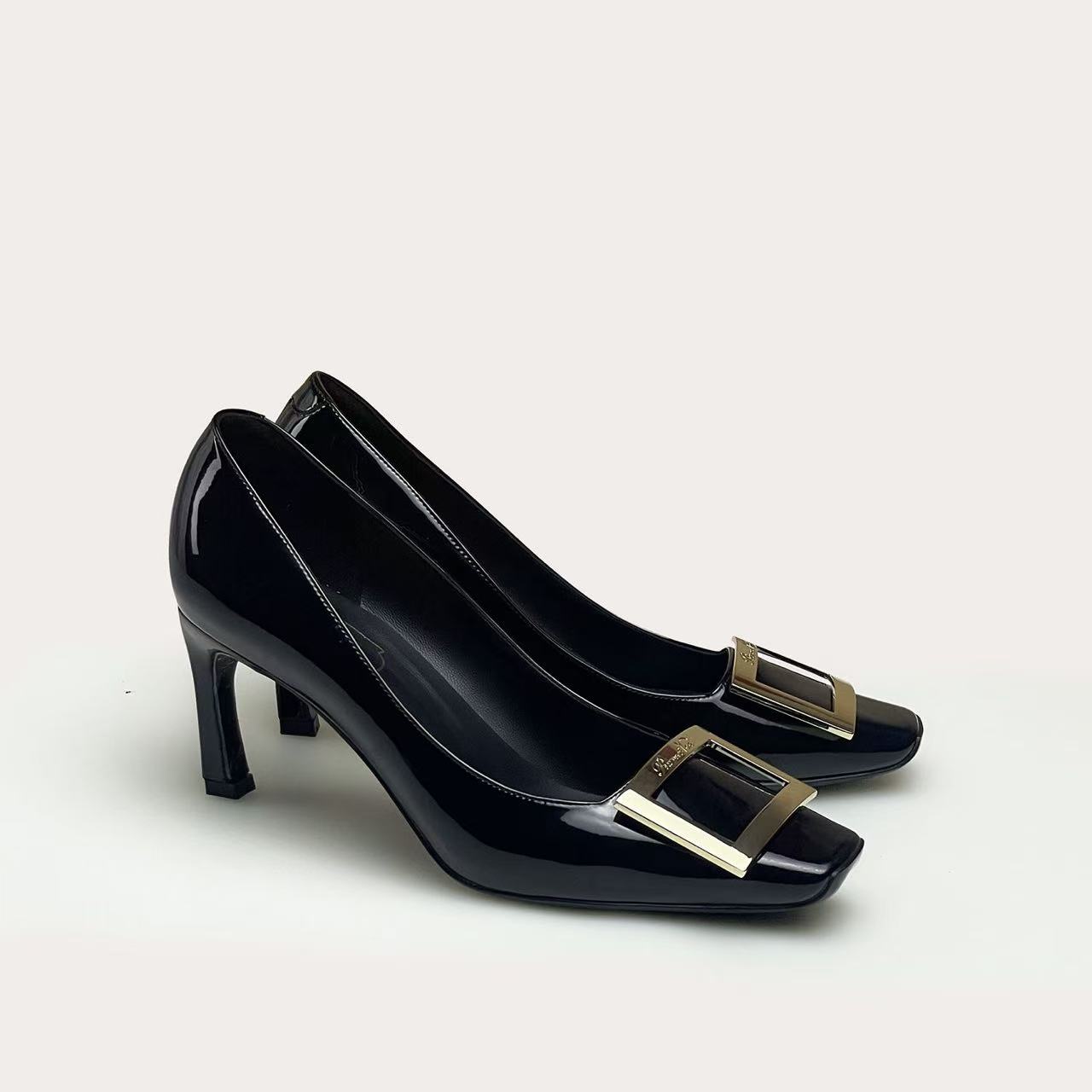 R法式经典小方头方扣欧美风优雅性感7厘米中高跟通勤秋冬舒适女鞋