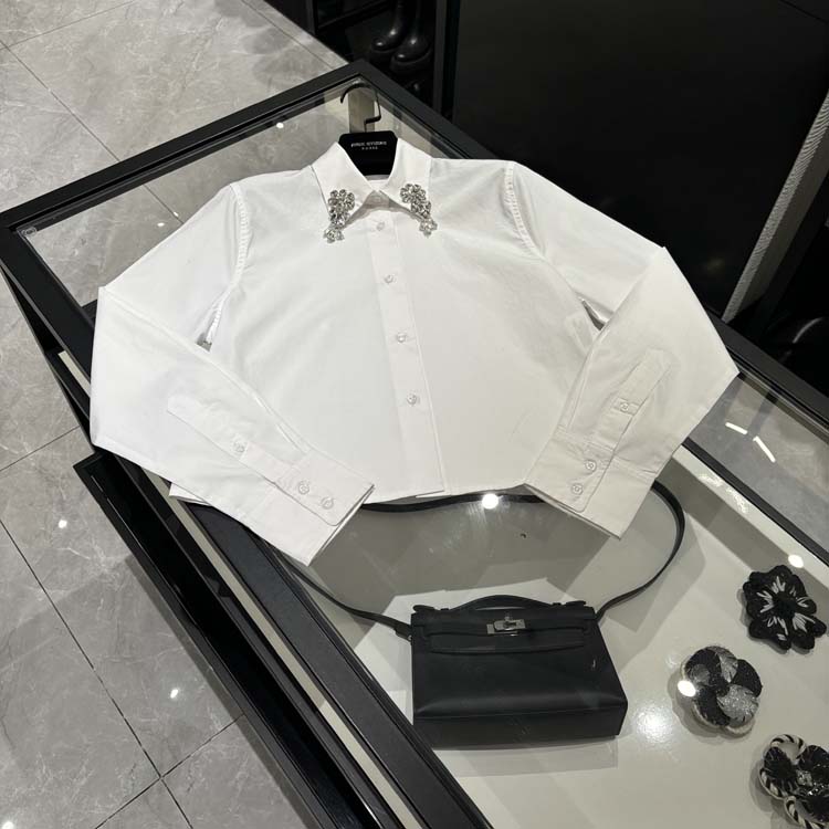 25年春装新款女装 法式领子钻石装饰休闲白色长袖衬衫-25W023