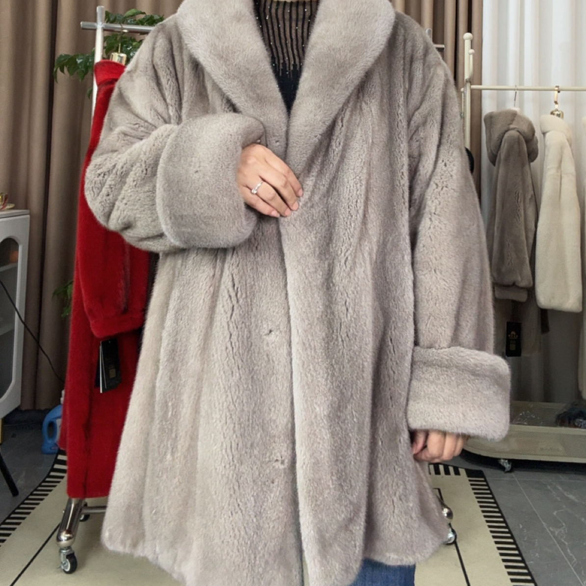 冬季时尚保暖丹麦短二整貂青果领挽袖长款水貂外套2219-80