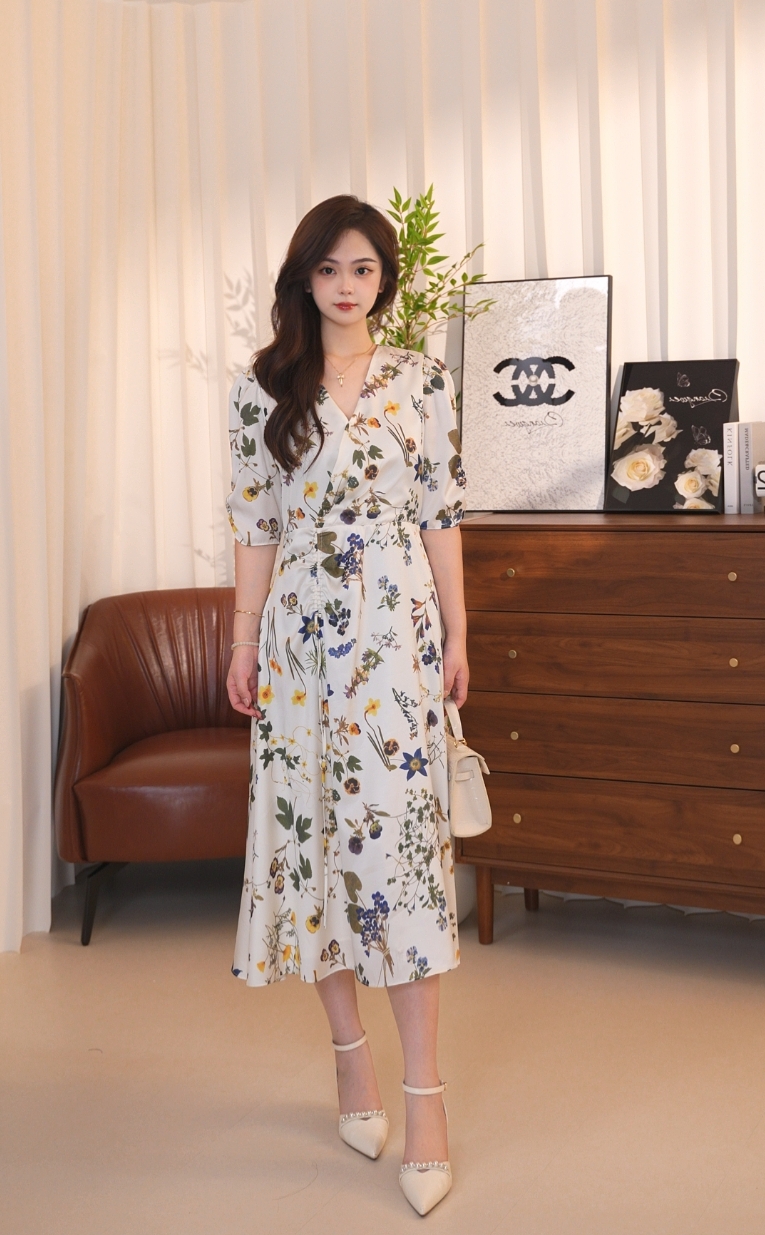 H265【朗】夏季新款法式浪漫复古V领印花气质连衣裙女