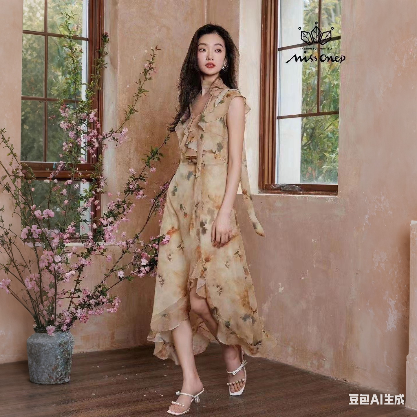 法式拼接蕾丝无袖荷叶边印花春夏显瘦收腰连衣裙