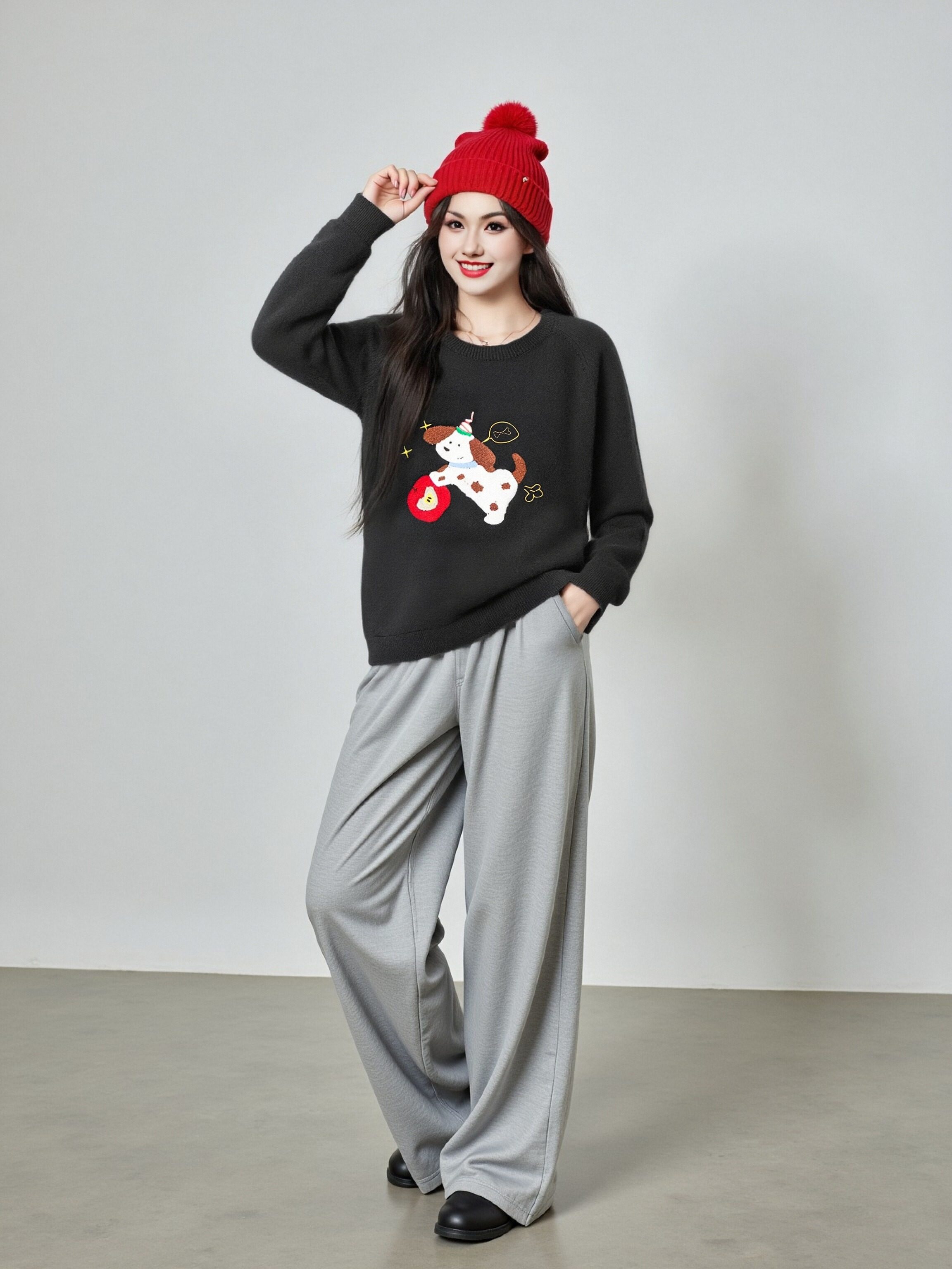 大码女装圆领休闲上衣女毛巾绣小狗毛衣2025冬款胖mm针织衫23321