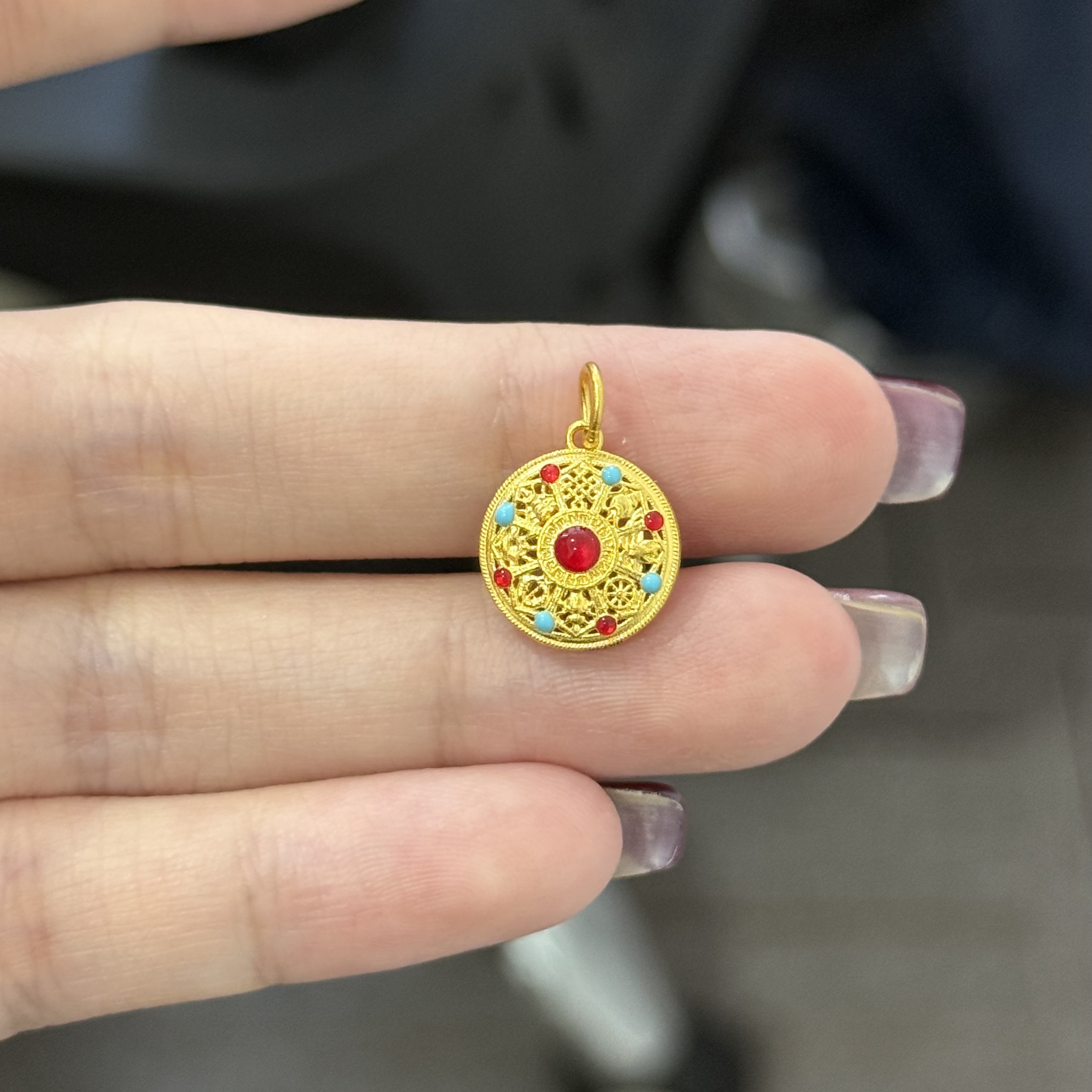 烧蓝八宝罗盘吊坠 足金999 总重