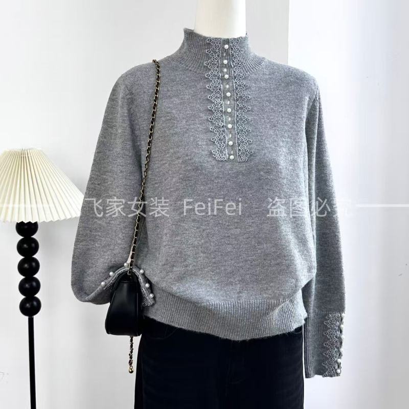 飞飞家~珍珠蕾丝！！独家设计版！气质温柔穿搭~半高领#针织衫Y9171