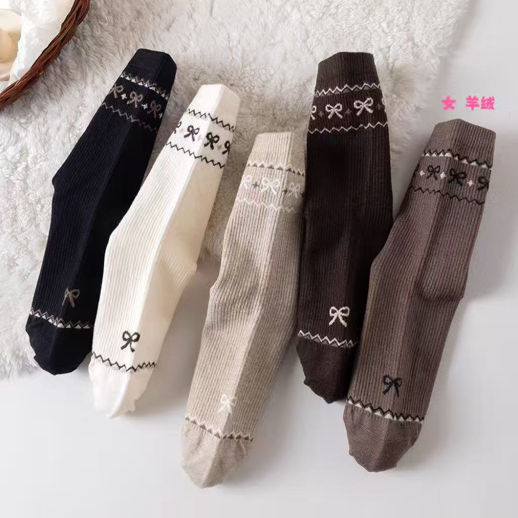 32041-3222 羊绒袜中筒保暖中筒袜女士灰色袜子纯色复古港风厚款