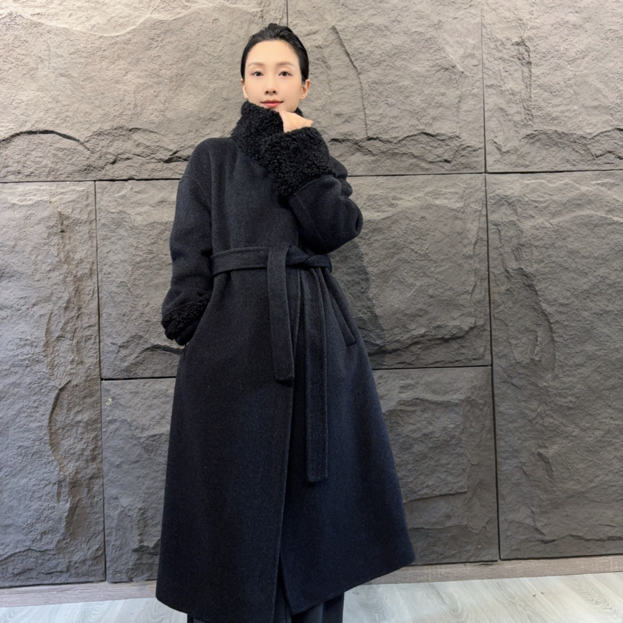 秋冬修身型保暖冬季拼接毛呢外套大衣双面百搭加厚宽松过膝气质