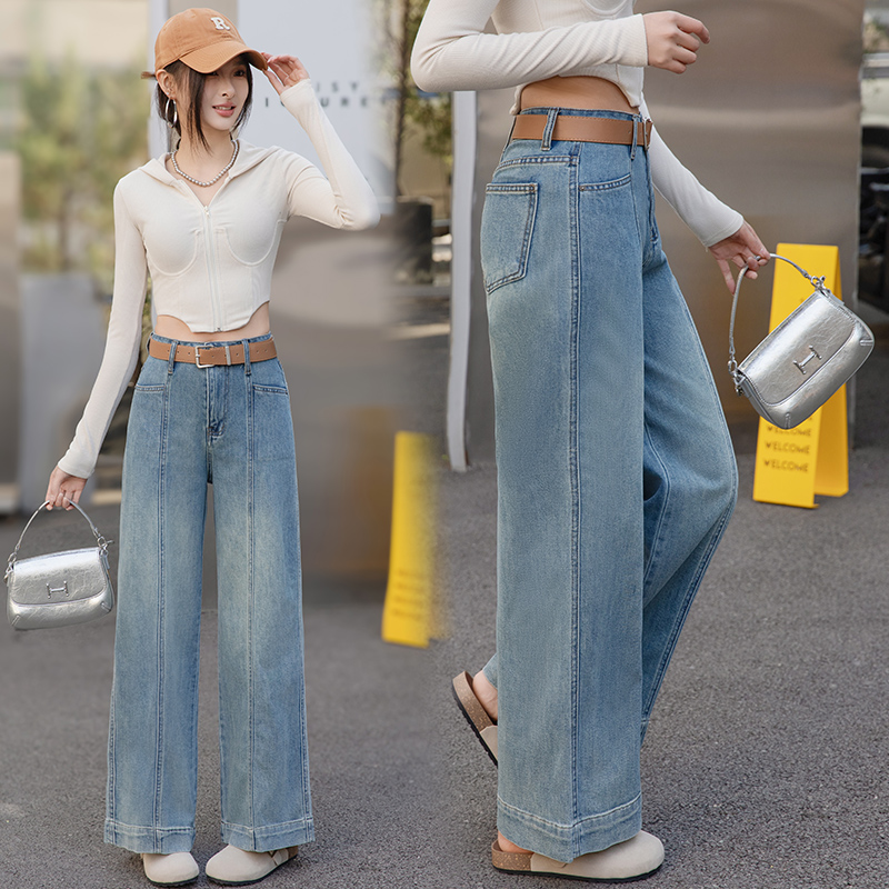 送腰带复古高腰阔腿牛仔裤女水洗宽松显瘦垂感休闲阔脚直筒长裤