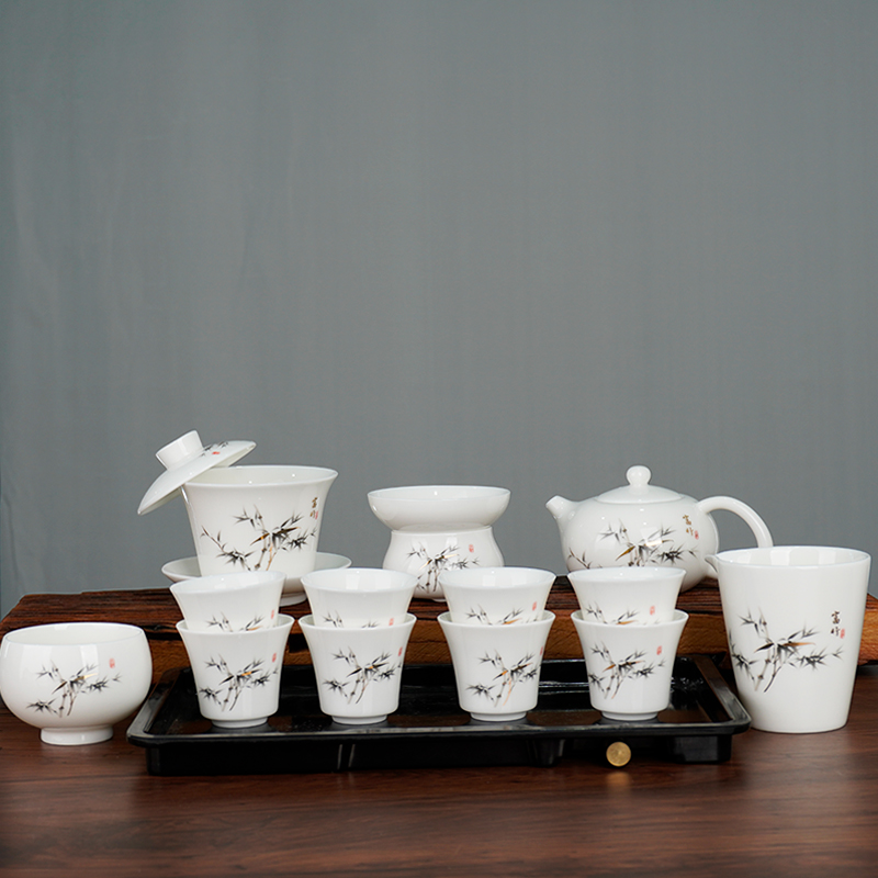 墨竹14件羊脂玉白瓷悬停盖碗凤鸣茶壶功夫茶具套装 安全包装