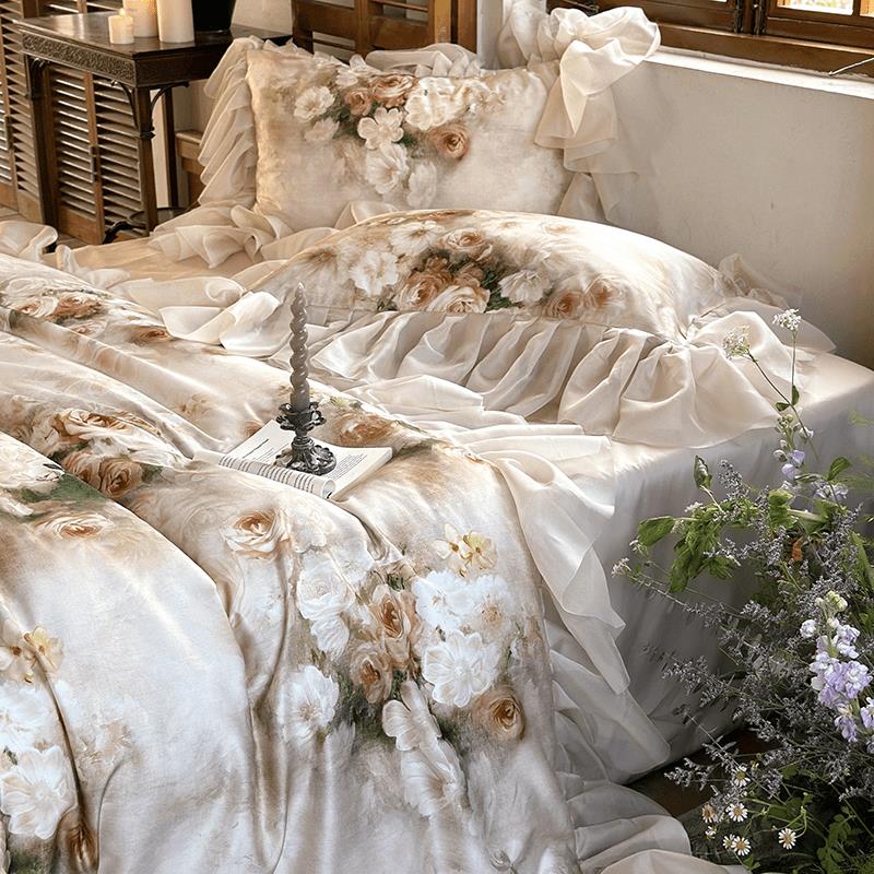 夏季棉床上四件套花边款被套罩冰丝滑裸睡床单床笠三件套床品