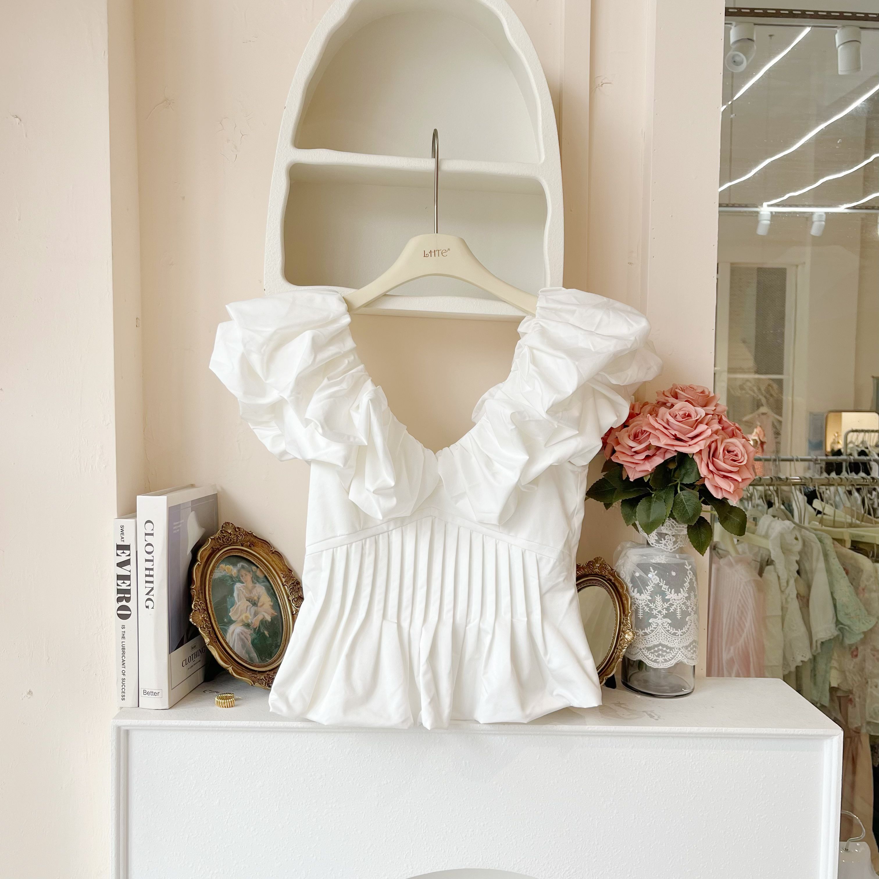 LHTE青青大码女装夏季甜美泡泡袖中长款V领短袖上衣C5618白色