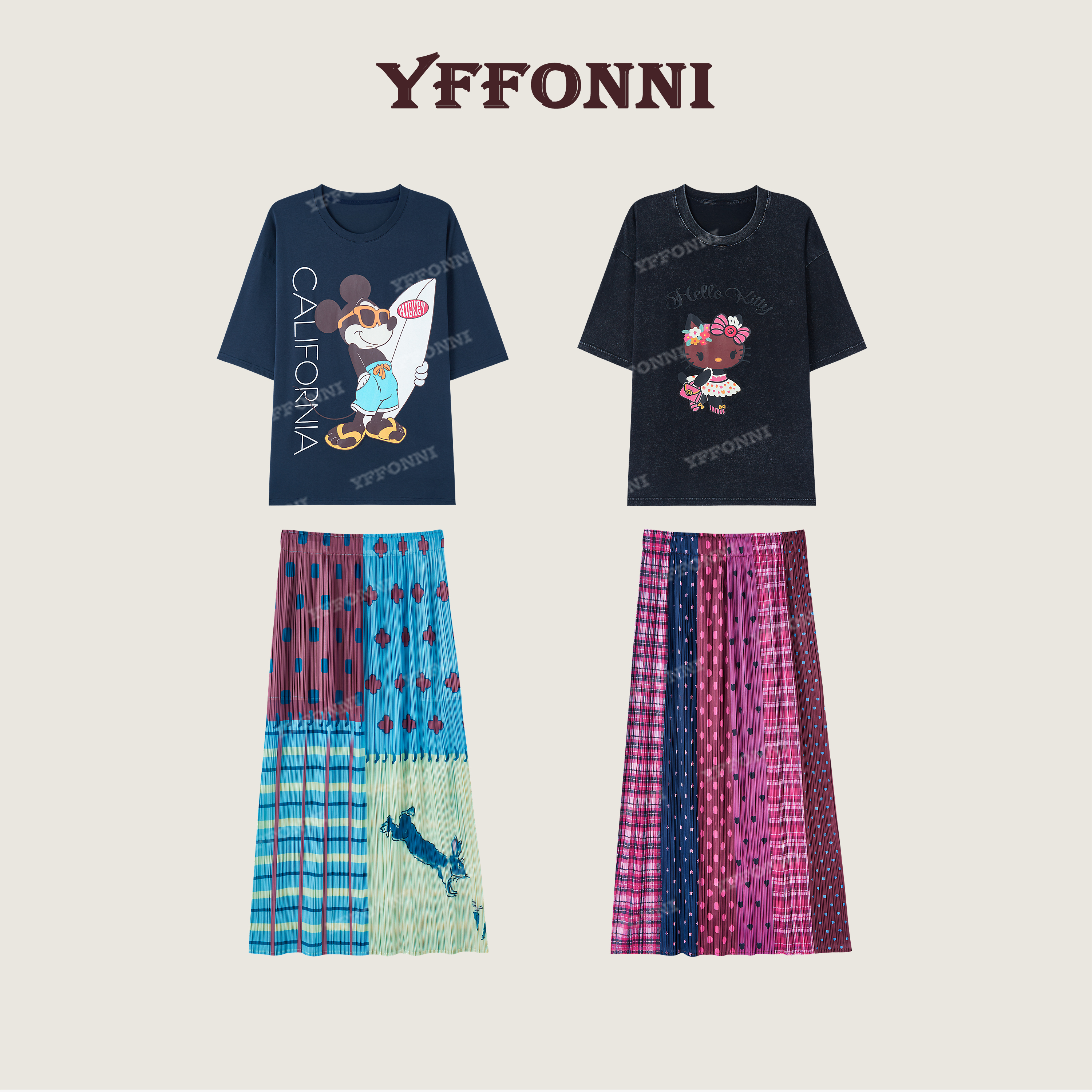 【YFONI】黑皮花嫁Kitty海滨假日米奇套装