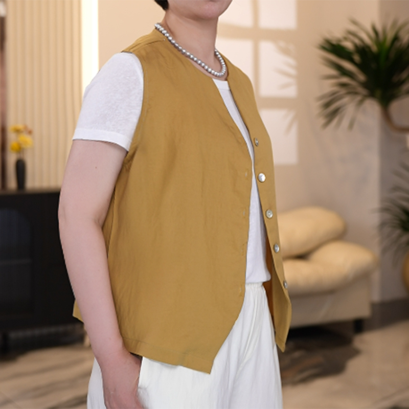 设计感女士天丝苎麻后背钉扣无袖上衣背心马甲宽松复古
