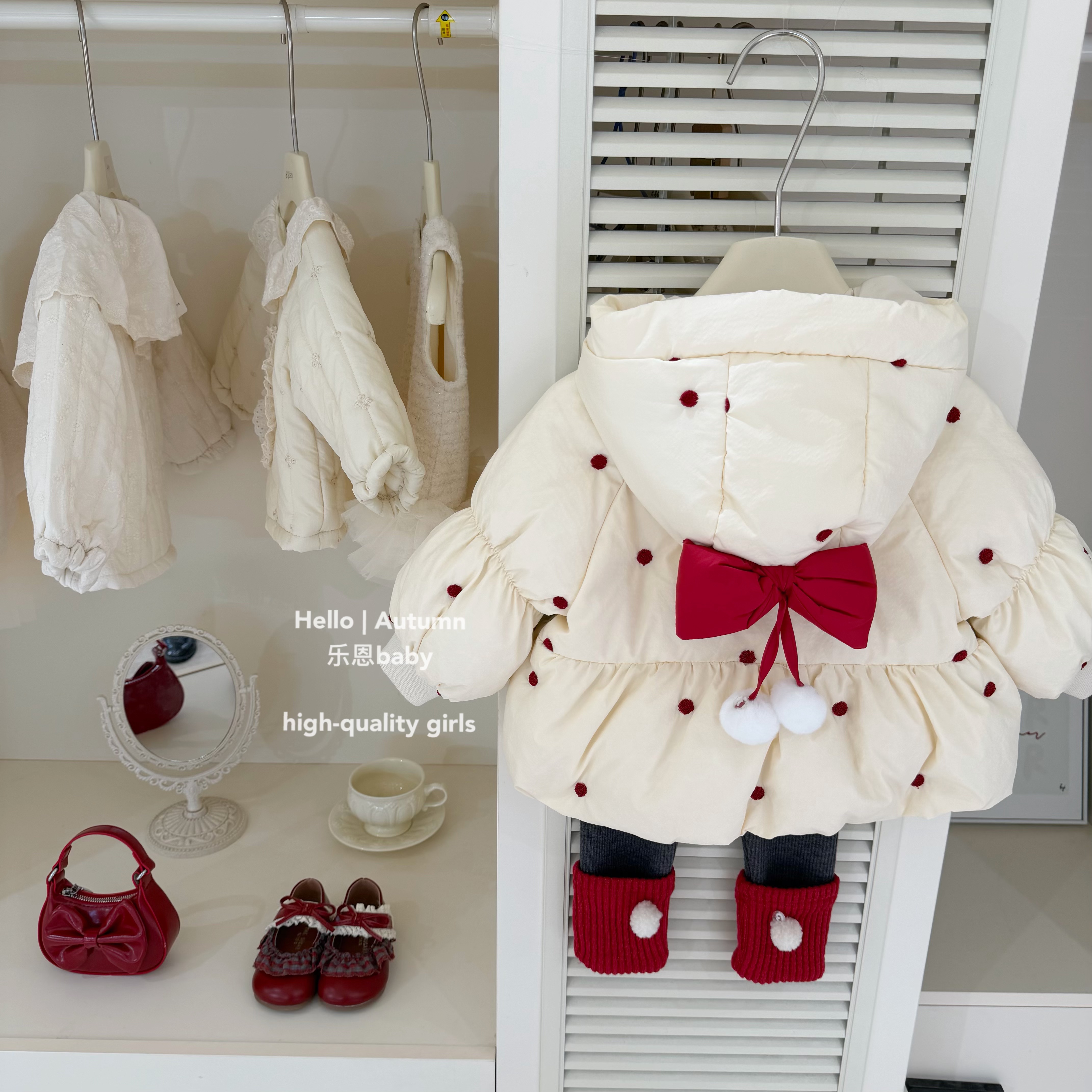 【乐恩童装】原创冬季女童米白色蝴蝶结棉服夹棉厚款宝宝外套套装