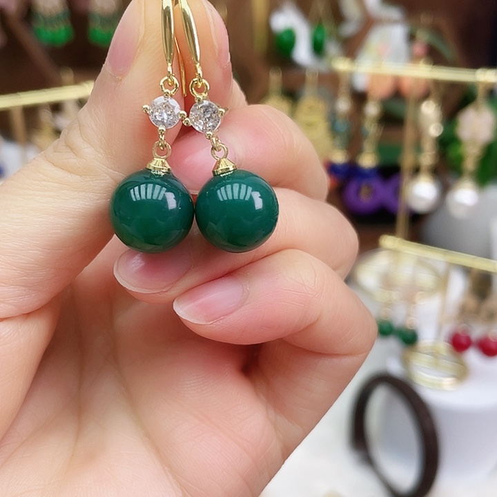 玛瑙/玉髓耳钉合金绿短