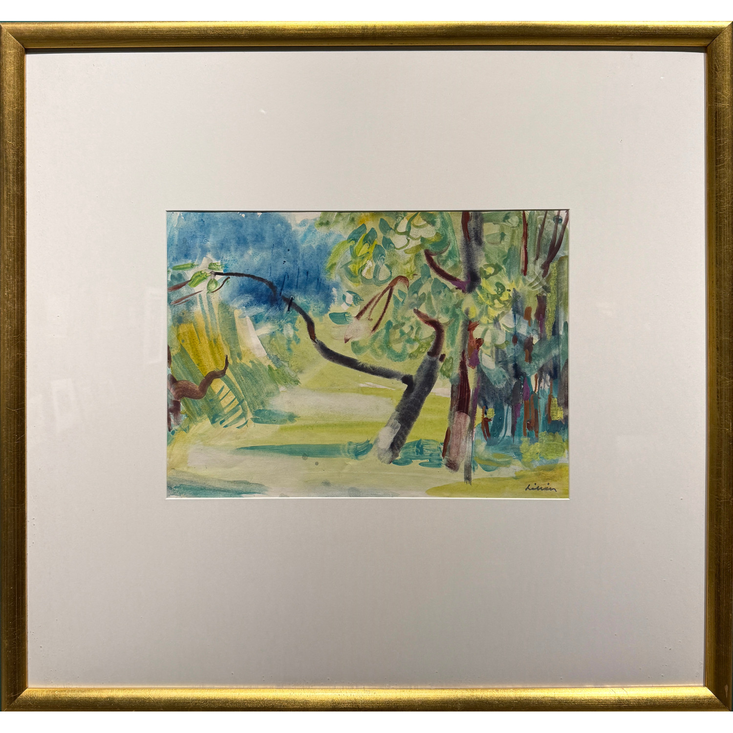 利文  《绿色调的风景》纸本水彩 整体：72×75 cm  画芯：30×42 cm