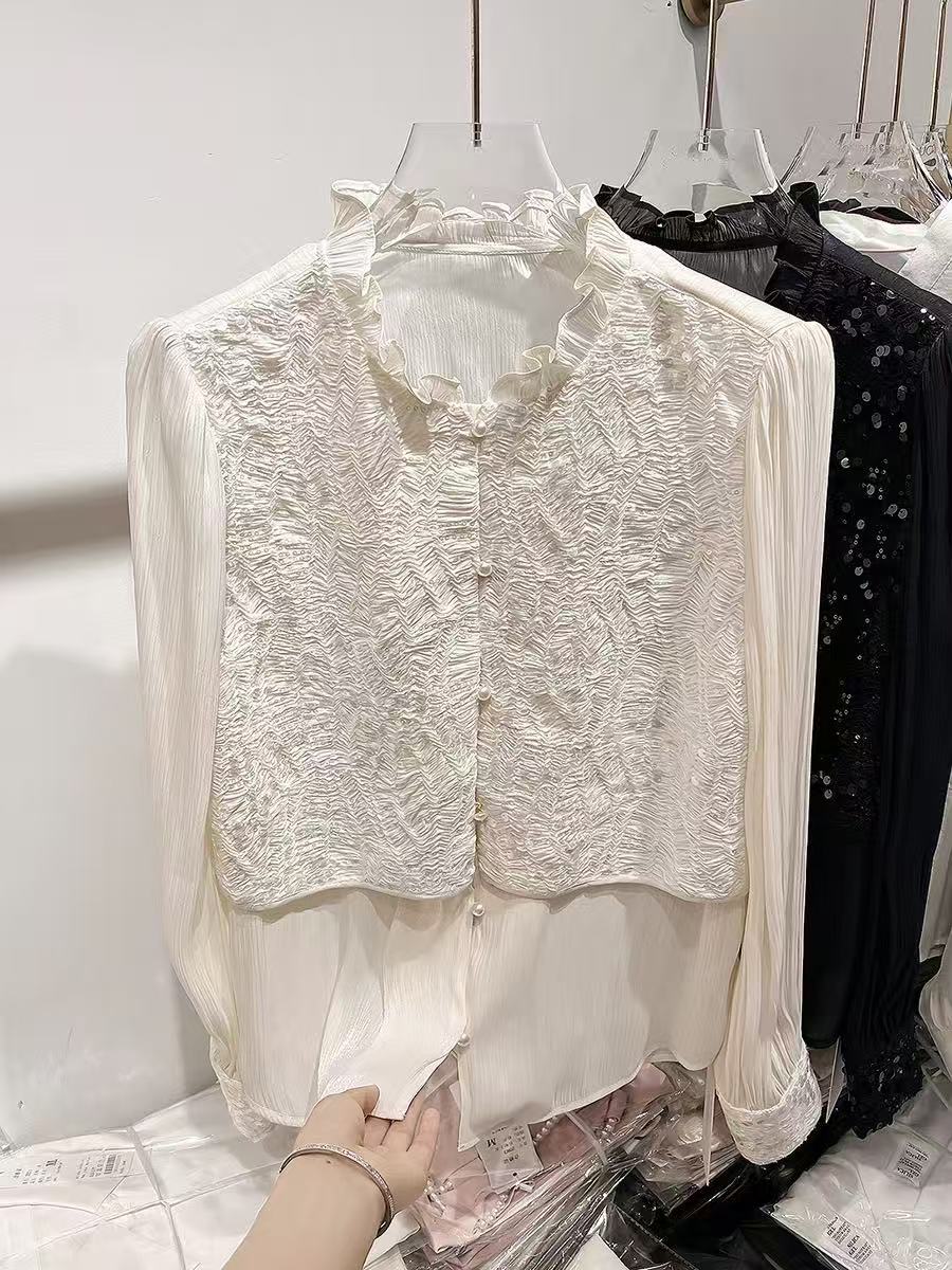 新款韩国气质立领木耳边亮片假两件拼接长袖雪纺衬衫女春季24428