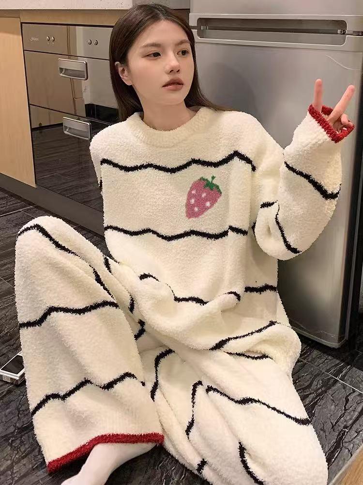 新款半边绒冬季条纹宽松加厚可爱卡通睡衣长袖家居服套装