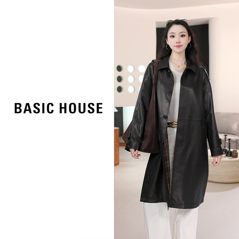 Basic House/百家好新款长皮衣外套风衣女B1295B55552（衣长95）