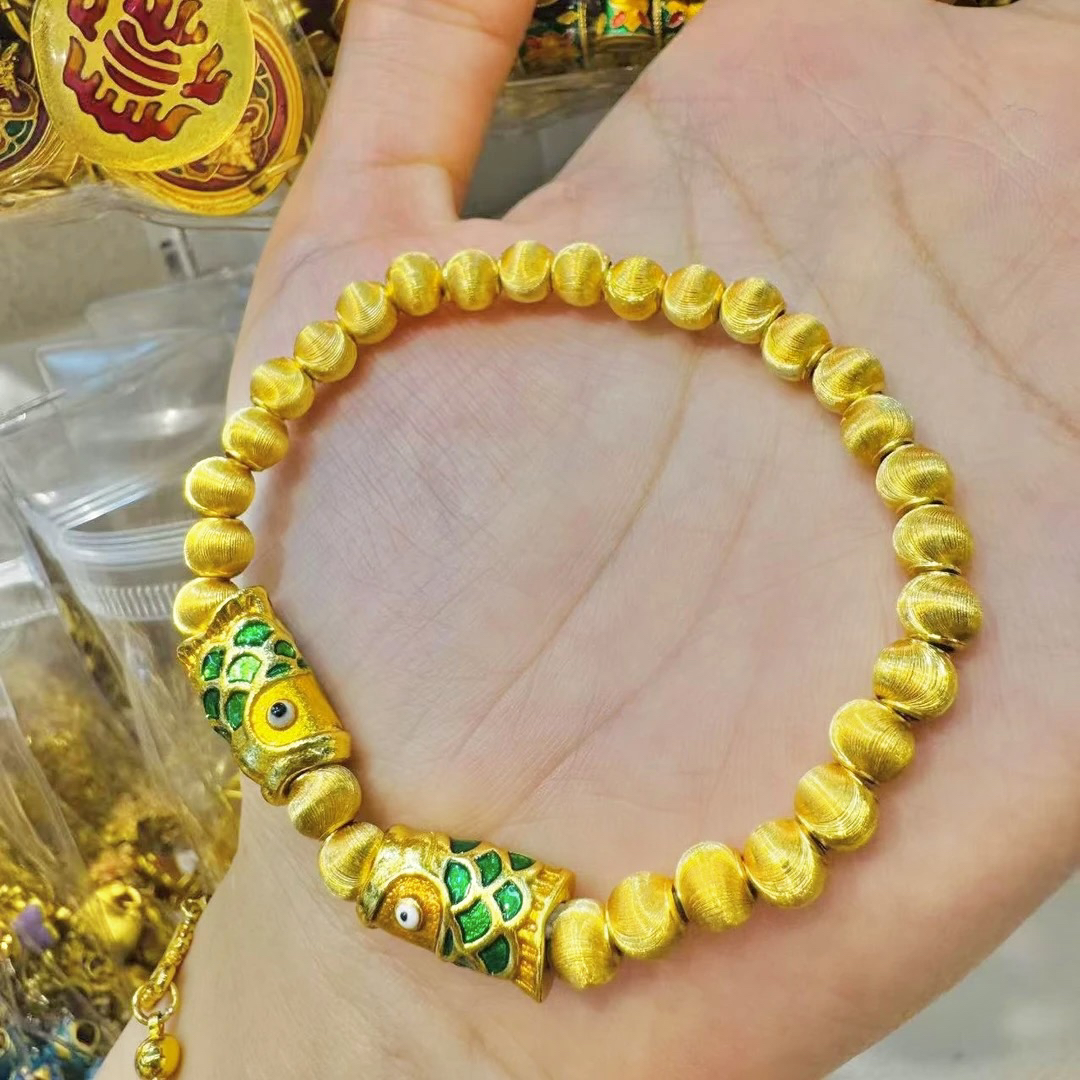 铜合金手链 卡6猫眼铜合金珠子双鱼进宝手链黄色饰品手饰串珠