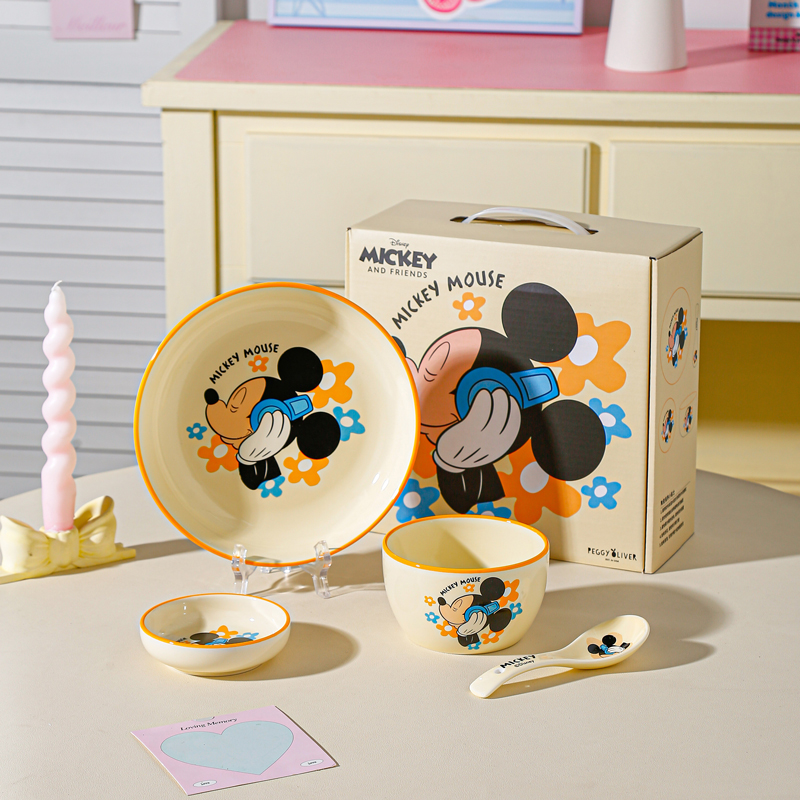 迪士尼缤纷系列陶瓷餐具一人食四件套餐具碗盘礼盒装新款创意碗碟