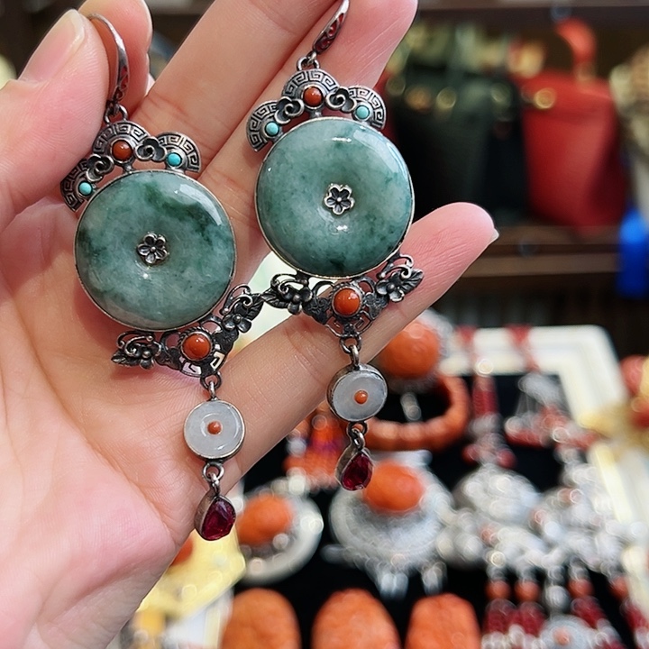 翡翠耳饰银S925镶嵌耳环