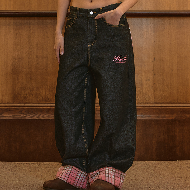 HACR复古格子拼接翻边情侣街头宽松百搭休闲直筒牛仔裤