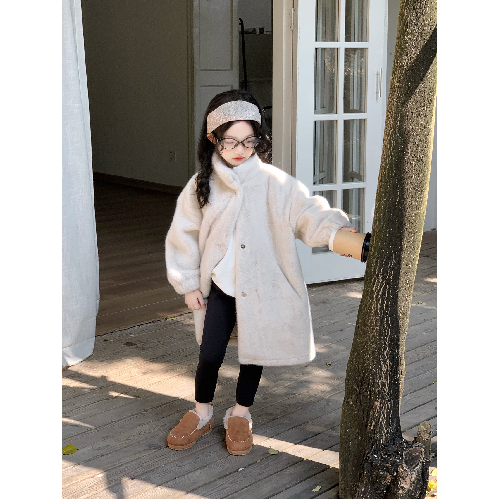 【现货】女童新年百搭外套2025冬新款童装女童中长款仿皮毛一体大衣