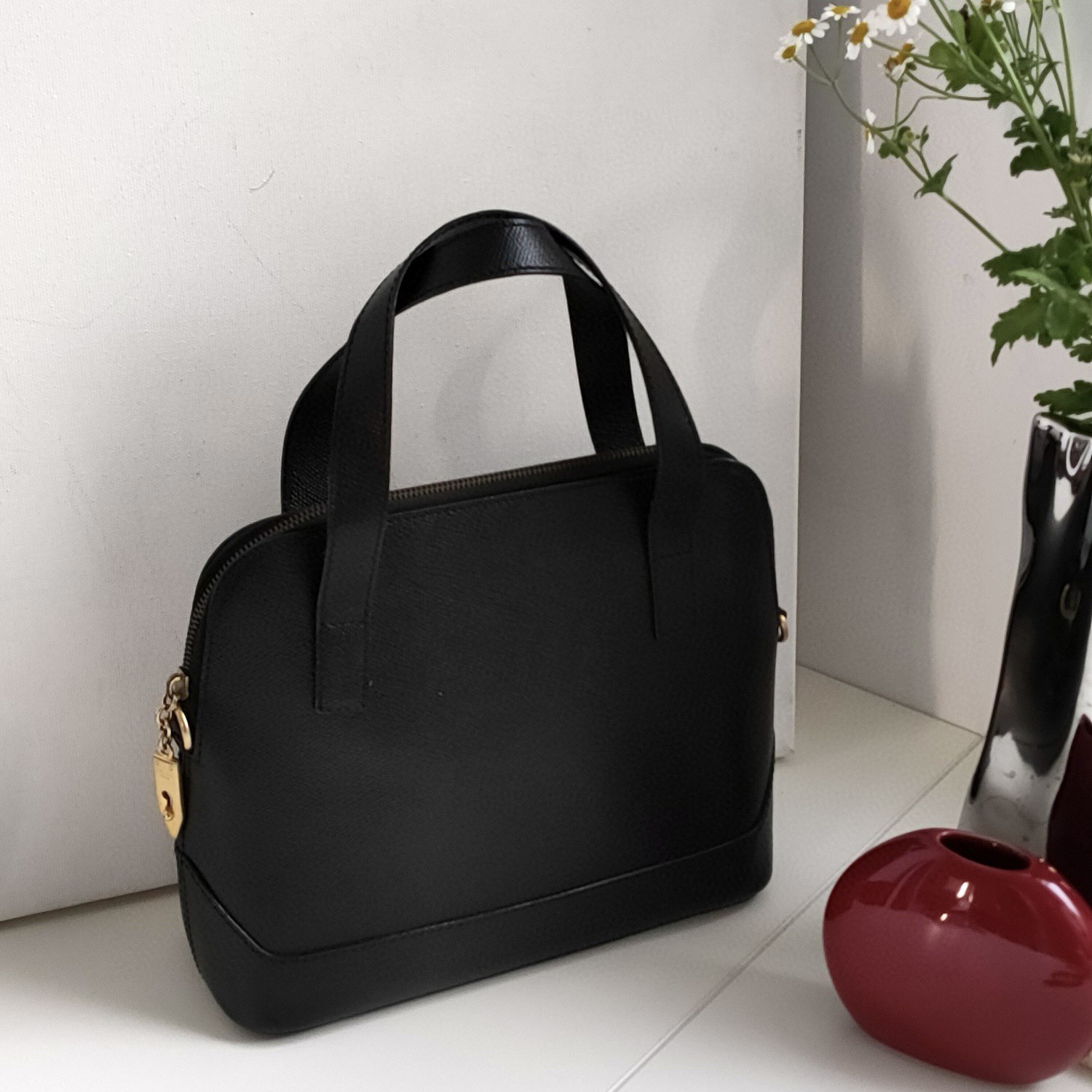 95新 Celine/思琳 Azul-中古 黑金牛皮时尚通勤手提保龄球包38409