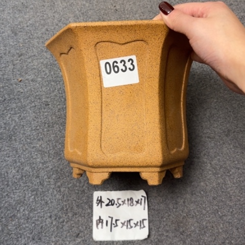 紫砂花盆柴烧内奎束腰六方0633