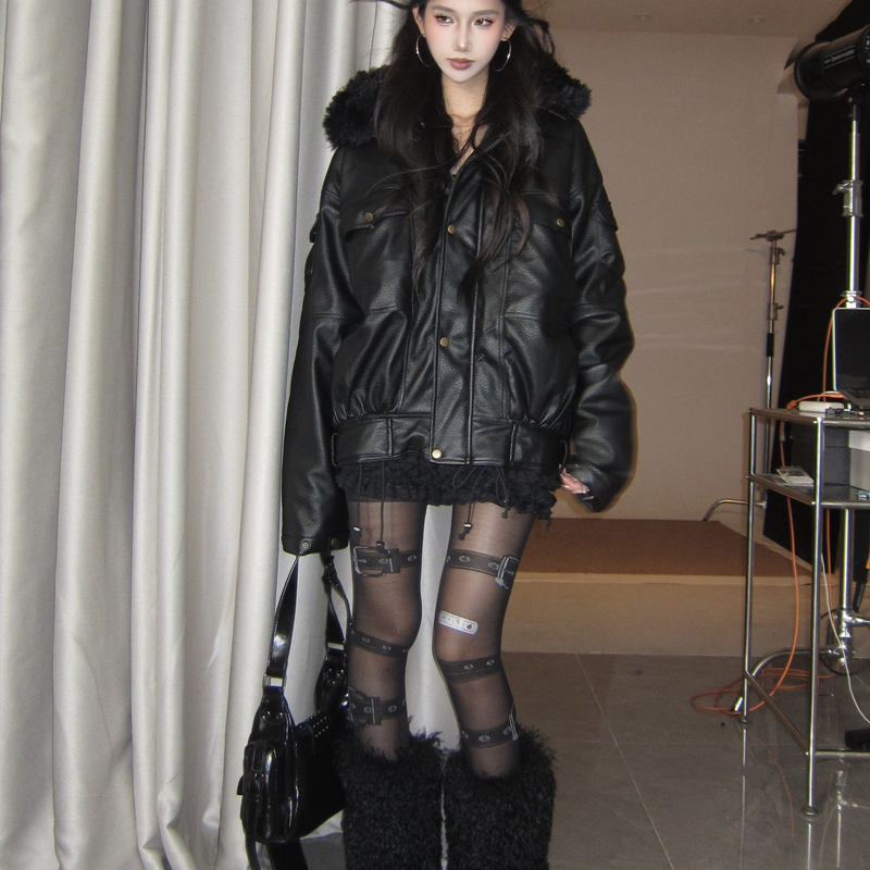 6NE 美式辣妹机车大毛领连帽PU皮棉服外套女2025新款秋冬加厚棉衣