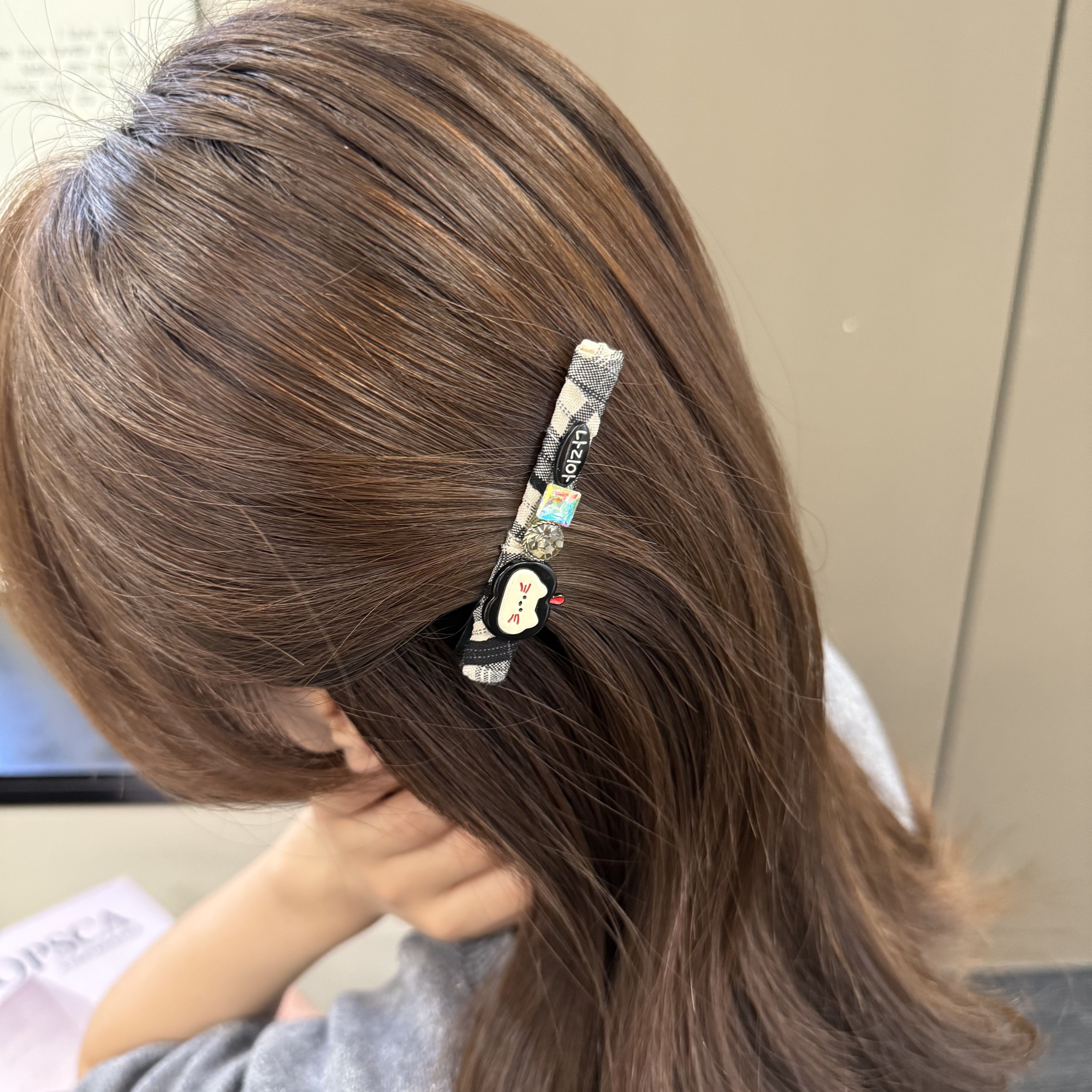 韩系新款灰色格子可爱猫八公分压夹4721