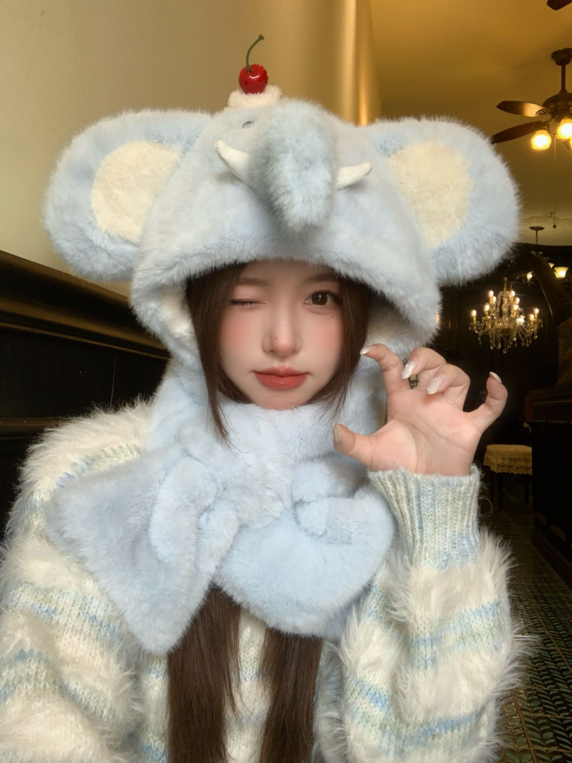 秋冬毛绒大象造型帽子保暖毛绒冬天加厚骑车帽