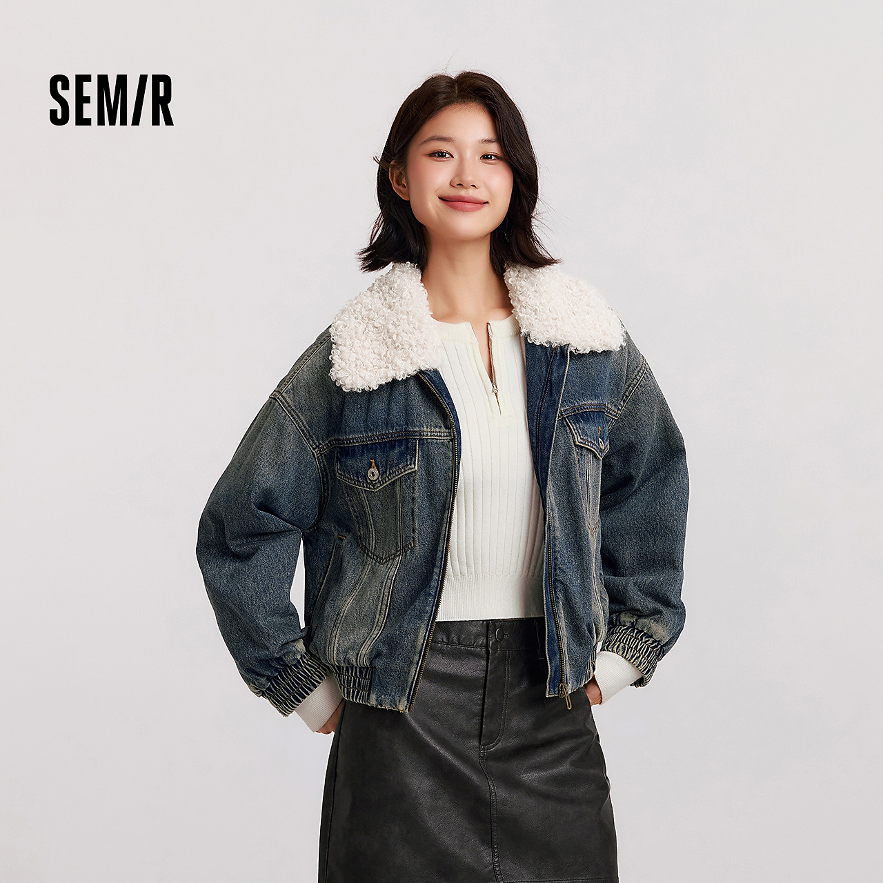 森马牛仔外套女冬季夹棉宽松毛领翻领街头酷飒风高街复古美式夹克