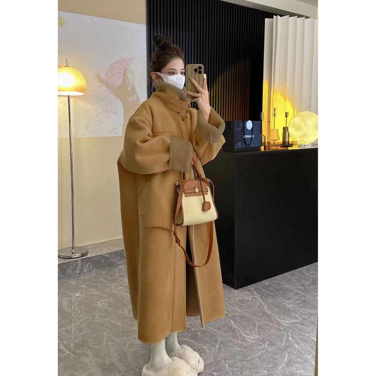 冬季新款宽松长款机车服外套大衣女5584#0.1