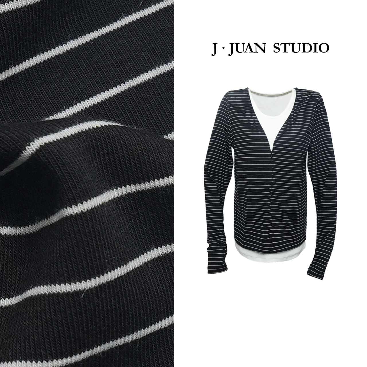 【J.Juan】V字密码-条纹针织T恤两件套高个子女装高弹修身V领上衣