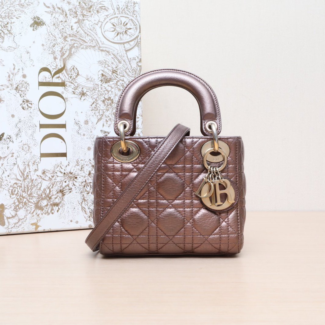 95新 DIOR/迪奥 小花姑姑256961戴妃包 三格 牡丹粉